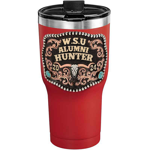 A customized tumbler made of stainless steel with a personalized engraved initials and Alumni Hunter lettering, 30 oz, ideal for coffee or cool drinks